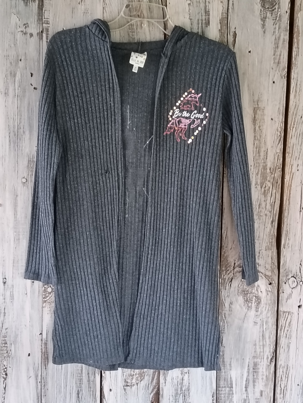 Belle Du Jour Ribbed Hooded Open-Front Cardigan - Charcoal with Pink Accent